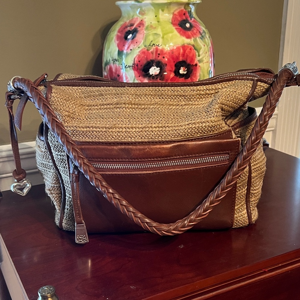 Brighton Brice brown leather and woven straw hobo bag